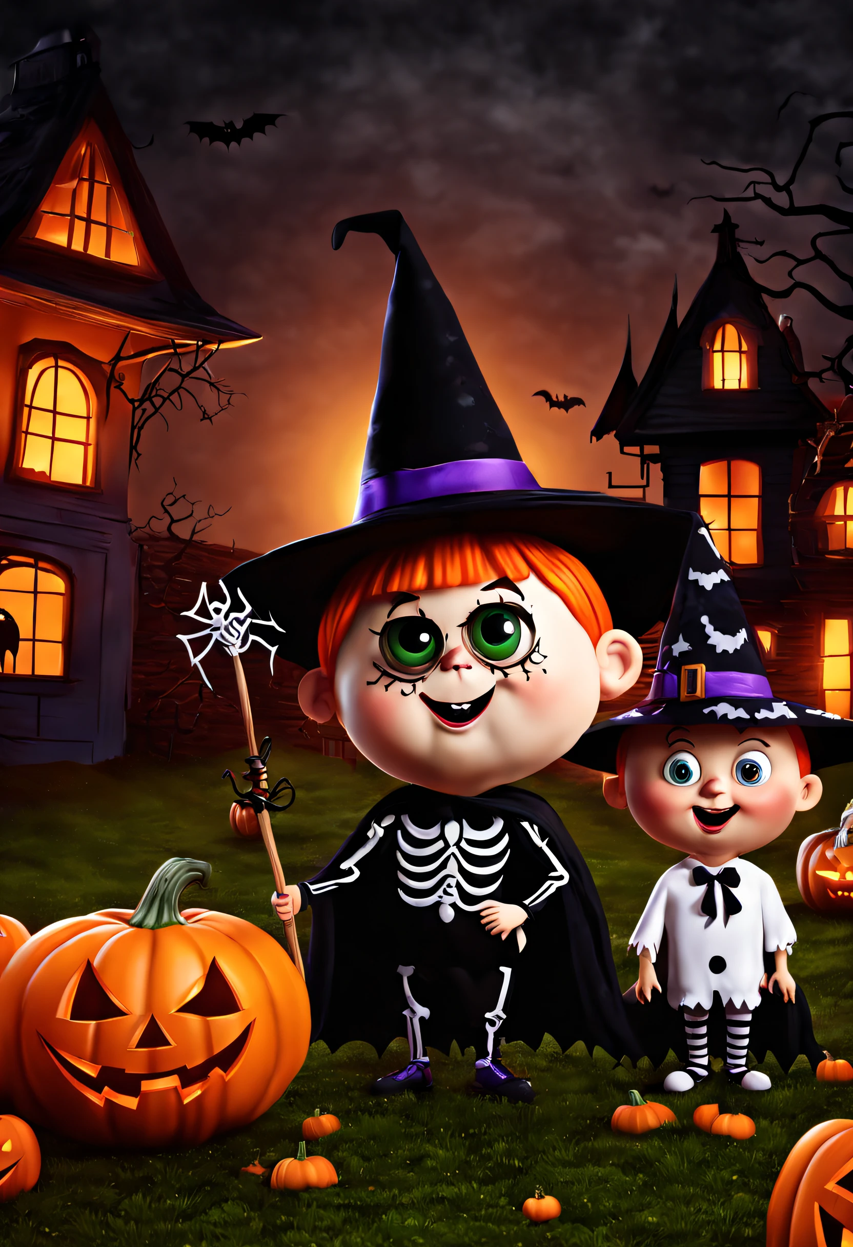 (best quality,4k,8k,highres,masterpiece:1.2),ultra-detailed,(realistic,photorealistic,photo-realistic:1.37),(Halloween illustration:1.2),a group of children dressed up in halloween costumes, trick or treat, spooky halloween fun, costumes, halloween celebration, halloween, costume, halloween theme, cartoon illustration, fancy dress, halloween scene, halloween wallpaper with ghosts,