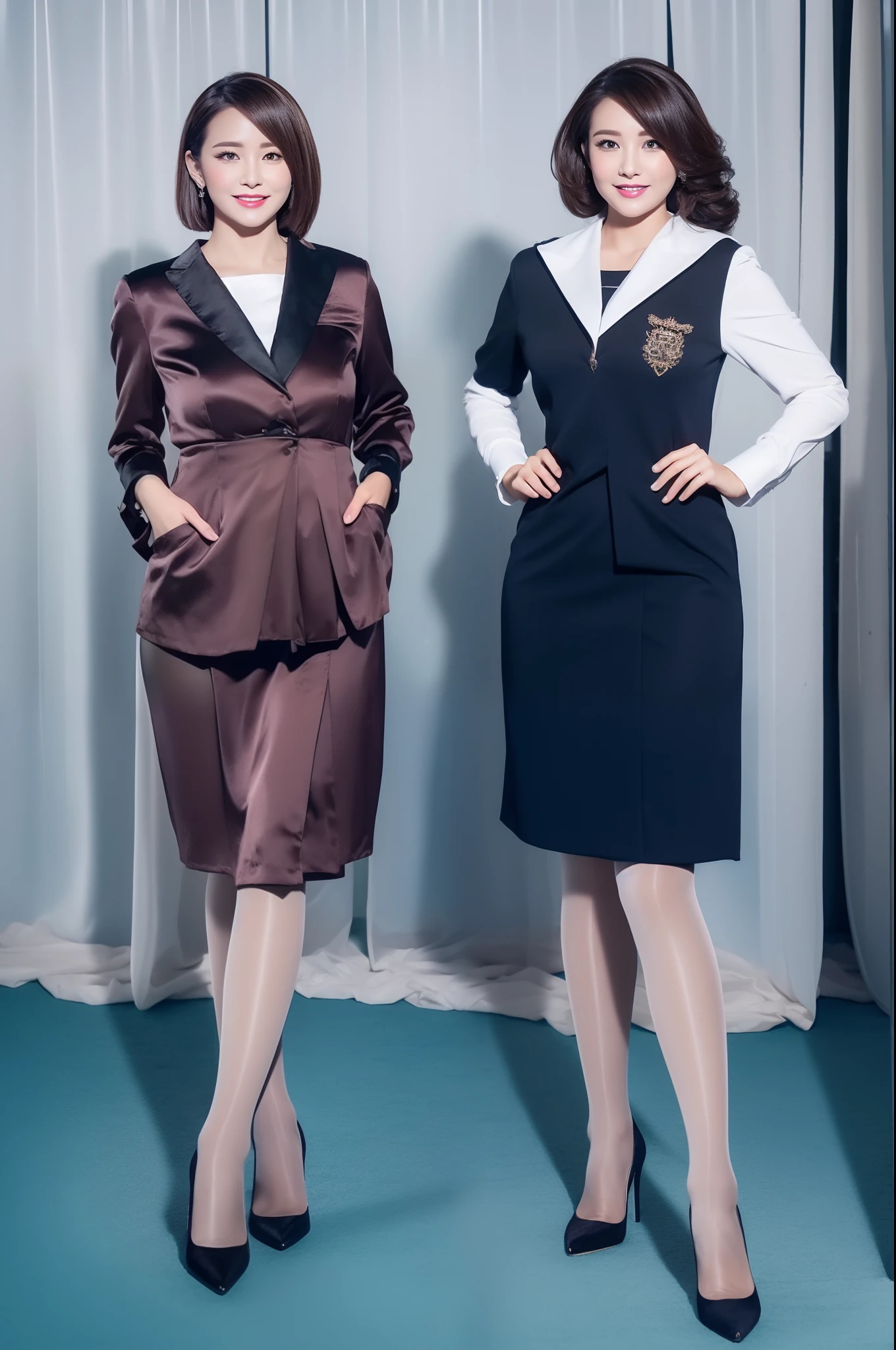 Mature and attractive woman、3 people、whm、Enchanted look、tmasterpiece、top-quality，Flesh-colored pantyhose，high-heels，Office uniform set，high-heels，At school