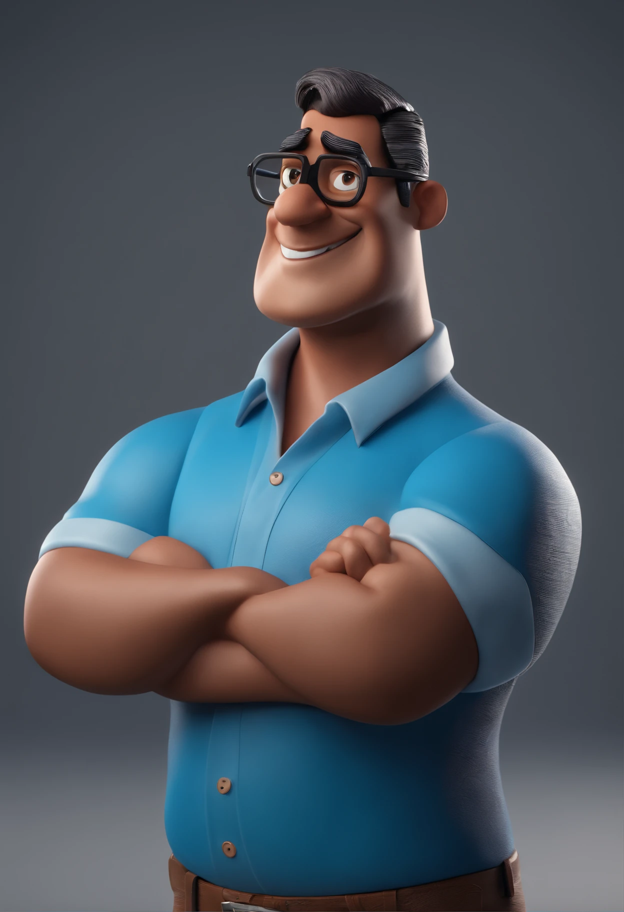 Cartoon character of a man with black glasses and a blue shirt, animation character, Caractere estilizado, animation style rendering, 3D estilizado, Arnold Maya render, 3 d render stylized, toon render keyshot, Personagem 3D, Personagem 3D, 3d rendering stylized, 3 d character render, personagem de desenho animado, Personagem de close up, Pose de personagem,  (Estilo Pixar) (master part:1.2) (Bokeh) (best quality) (pele detalhada) (textura detalhada) (8k) (argila) (Cinematic lighting) (foco nítido