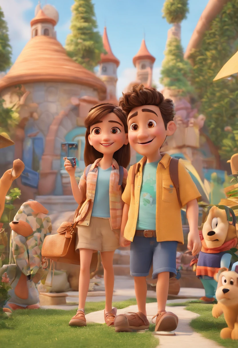 Cartoon of friends having fun on vacation together,  3D Animation Movie Poster, Poster de filme animado, pixar 3 d animation style, pixar renderman rendering, maia 8 mil, animated film, Disney Pixar Estilo 3D, amigos felizes saem juntos, all wearing light blue shirts and cream brown long pants, camisa azul clara, cream brown pants, ao ar livre, vacation, Disney Pixar Animation Poster