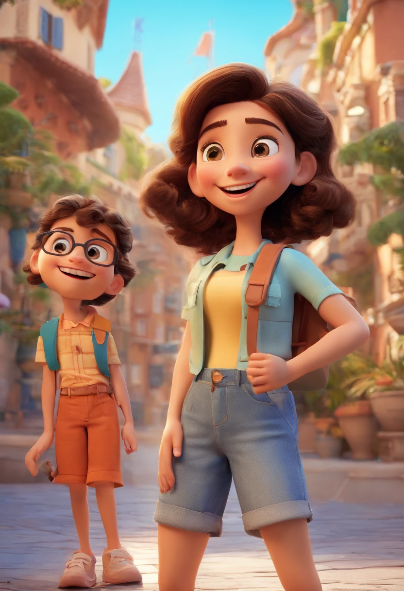 Cartoon of friends having fun on vacation together,  3D Animation Movie Poster, Poster de filme animado, pixar 3 d animation style, pixar renderman rendering, maia 8 mil, animated film, Disney Pixar Estilo 3D, amigos felizes saem juntos, all wearing light blue shirts and cream brown long pants, camisa azul clara, cream brown pants, ao ar livre, vacation, Disney Pixar Animation Poster