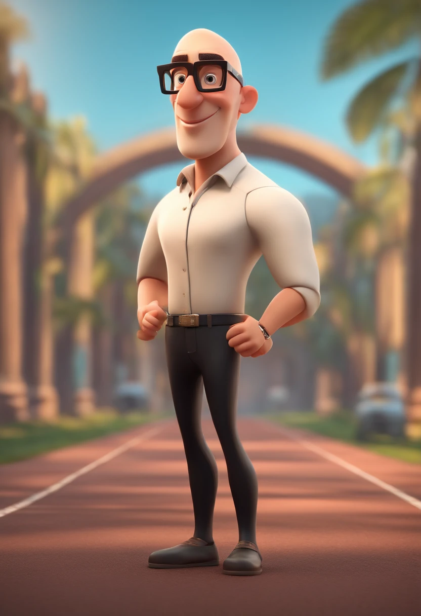 Cartoon character of a man wearing black glasses, shaved head, barba grande, um personagem animado, Caractere estilizado, animation style rendering, 3D estilizado, Arnold Maya render, 3 d render stylized, toon render keyshot, Personagem 3D, Personagem 3D, 3d rendering stylized, 3 d character render, personagem de desenho animado, prsticando corrida de rua.