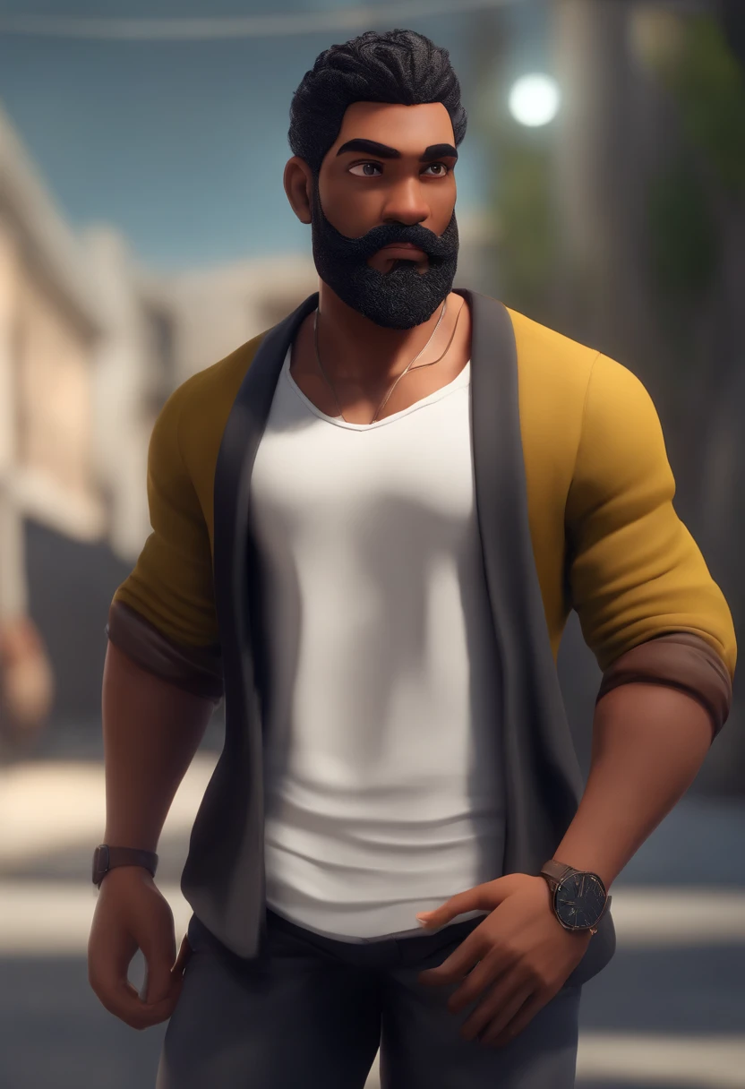 personagem dos desenhos animados de um homem cabelo curto e barba curta uma camisa preta, animation character, Caractere estilizado, animation style rendering, 3D estilizado