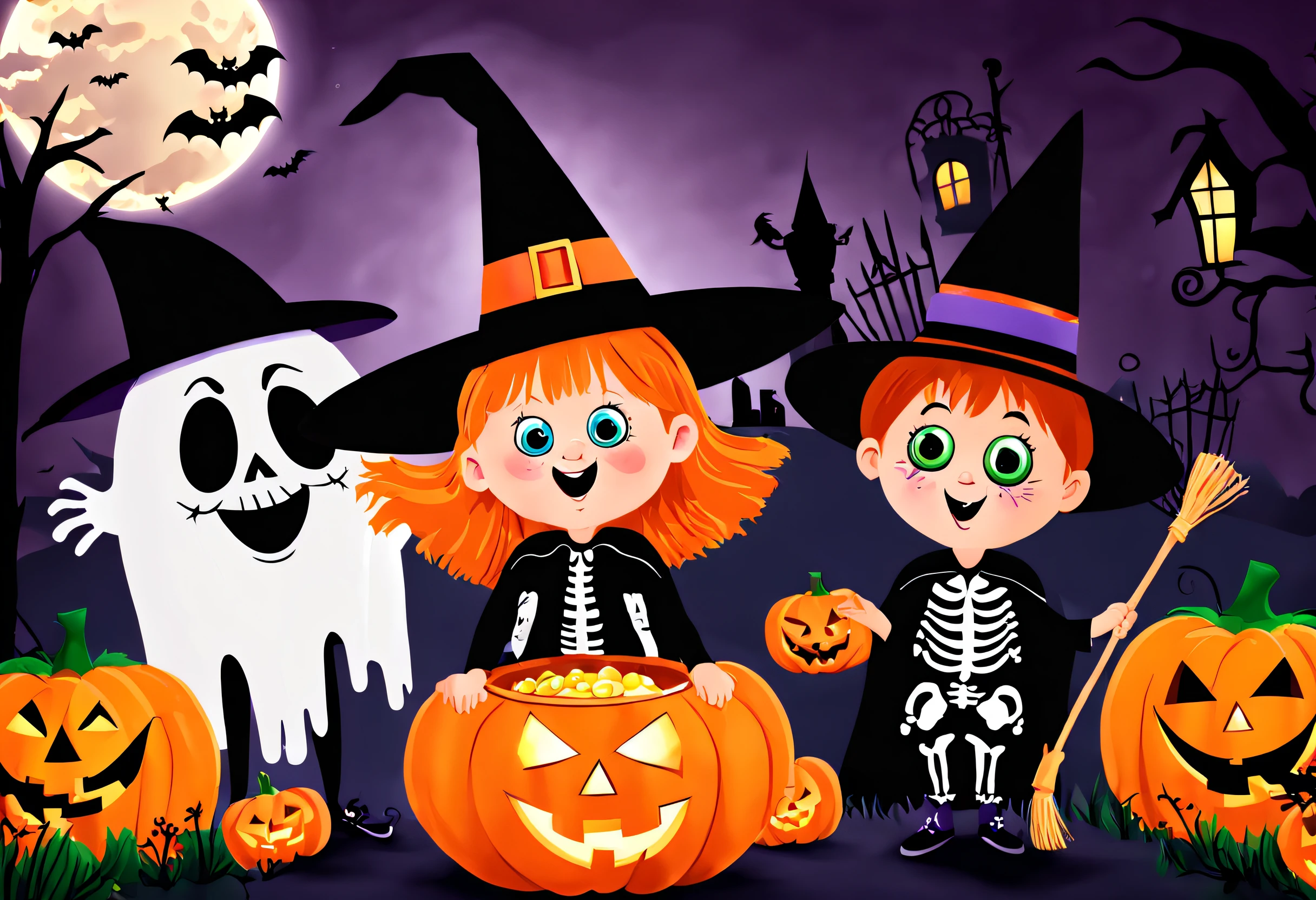 (best quality,4k,8k,highres,masterpiece:1.2),ultra-detailed,(realistic,photorealistic,photo-realistic:1.37),(Halloween illustration:1.2),a group of children dressed up in halloween costumes, trick or treat, spooky halloween fun, costumes, halloween celebration, halloween, costume, halloween theme, cartoon illustration, fancy dress, halloween scene, halloween wallpaper with ghosts,