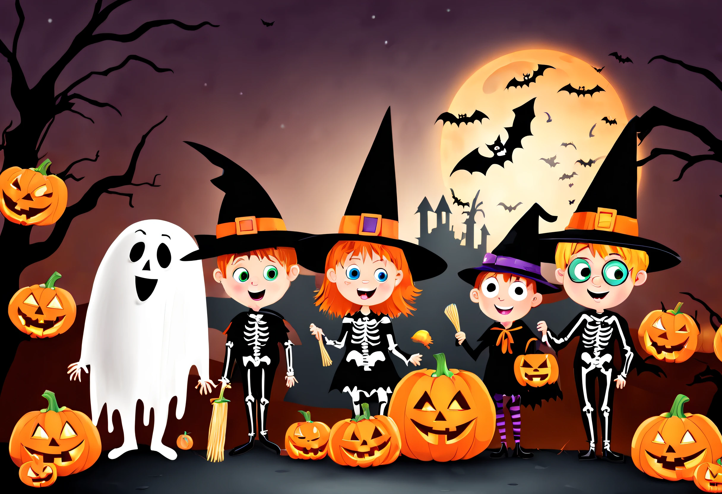 (best quality,4k,8k,highres,masterpiece:1.2),ultra-detailed,(realistic,photorealistic,photo-realistic:1.37),(Halloween illustration:1.2),a group of children dressed up in halloween costumes, trick or treat, spooky halloween fun, costumes, halloween celebration, halloween, costume, halloween theme, cartoon illustration, fancy dress, halloween scene, halloween wallpaper with ghosts,