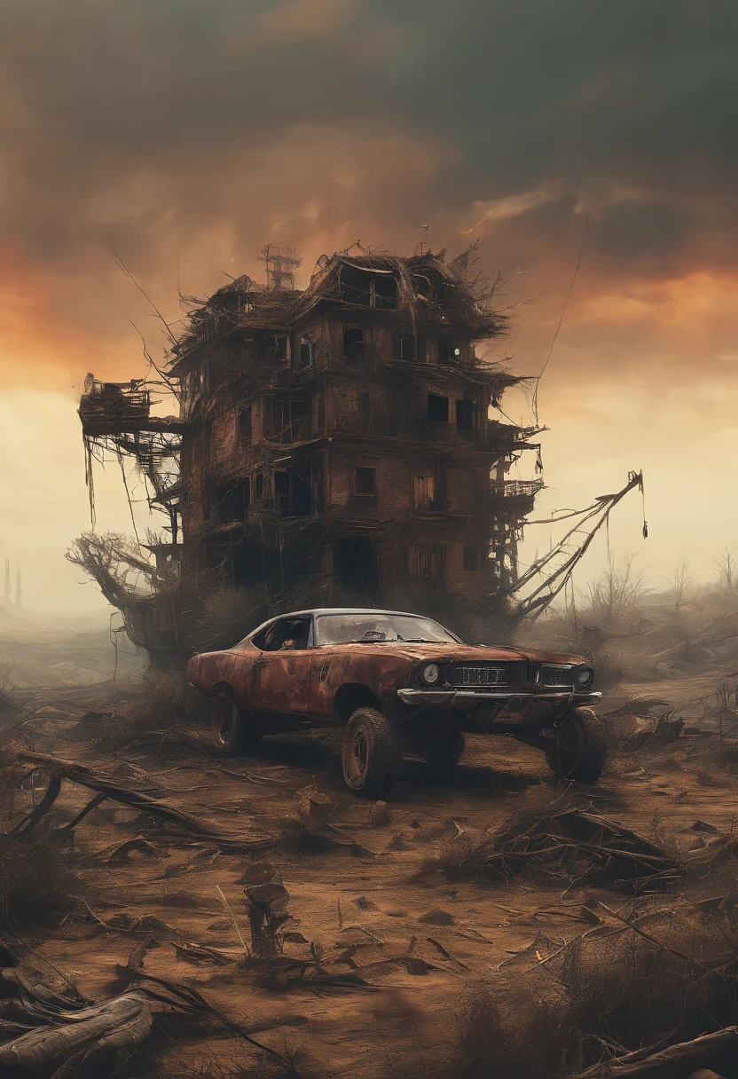 An apocalyptic future world where everything is in ruins, nature has taken over, and there are remnants of advanced technology scattered throughout. The landscape is desolate and barren, with crumbling buildings and overgrown vegetation. The sky is filled with dark storm clouds, giving the scene a sense of impending doom. The atmosphere is thick with dust and debris, creating an eerie and post-apocalyptic feel. The colors are muted and desaturated, emphasizing the bleakness of the environment. The lighting is low and ominous, casting long shadows that add to the overall sense of unease. The remnants of technology are scattered throughout the scene - broken robots, abandoned vehicles, and decaying structures. The details are incredibly detailed and realistic, capturing the intricate textures and imperfections of the objects and surroundings. The artwork is depicted in a gritty, dystopian art style, with a focus on conveying the emotions of the bleak and desolate world.