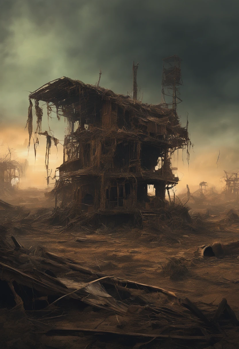 end of the world, epic realistic, ((((hdr)))), ((((muted colors)))), apocalypse, abandoned, neutral colors, night, screen space refractions, (intricate details), ((intricate details, hyperdetailed)), artstation, cinematic shot, vignette, complex background, [[teal and orange]], technicolor, flipped over building