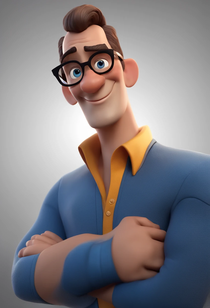 Cartoon character of a man with black glasses and a blue shirt, animation character, Caractere estilizado, animation style rendering, 3D estilizado, Arnold Maya render, 3 d render stylized, toon render keyshot, Personagem 3D, Personagem 3D, 3d rendering stylized, 3 d character render, personagem de desenho animado, Personagem de close up, Pose de personagem,  (Estilo Pixar) (master part:1.2) (Bokeh) (best quality) (pele detalhada) (textura detalhada) (8k) (argila) (Cinematic lighting) (foco nítido