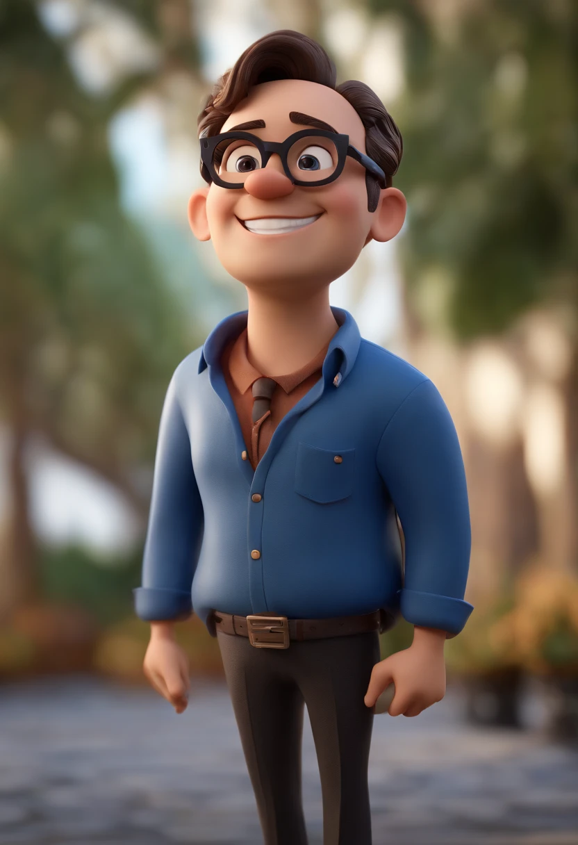 Cartoon character of a man wearing black glasses and a blue shirt, um personagem animado, cabelo grisalho,Caractere estilizado, animation style rendering, 3D estilizado, Arnold Maya render, 3 d render stylized, toon render keyshot, Personagem 3D, Personagem 3D, 3d rendering stylized, 3 d character render, personagem de desenho animado, Personagem de close up, Pose de personagem, (Estilo Pixar) (master part:1.2) (Bokeh) (best quality) (pele detalhada) (textura detalhada) (8k) (argila) (Cinematic lighting) (foco nítido，Senta e vaza a parte superior do corpo