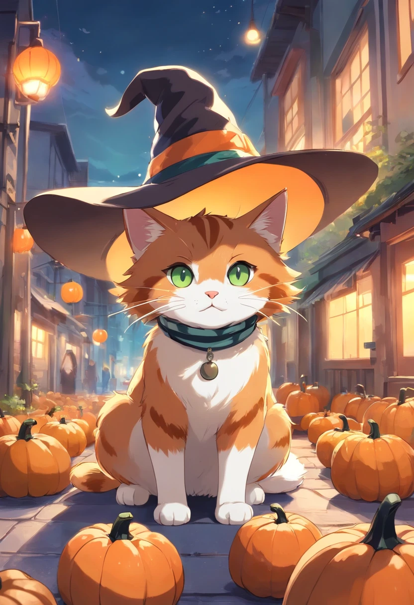 GingerCat in a witch's hat, long tail with stripes,, It is white, as if the front paws are wearing white socks, And pale green eyes, Highlight the intricate details of the cat's fluffy coat and tail stripes, mustaches, And expressive eyes. Place the camera at the cat's eye level, Create an intimate connection between the viewer and the cat subject. Implement a wide aperture for a shallow depth of field, pumpkins, Halloween, the bats