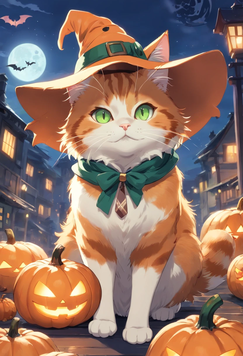 GingerCat in a witch's hat, long tail with stripes,, It is white, as if the front paws are wearing white socks, And pale green eyes, Highlight the intricate details of the cat's fluffy coat and tail stripes, mustaches, And expressive eyes. Place the camera at the cat's eye level, Create an intimate connection between the viewer and the cat subject. Implement a wide aperture for a shallow depth of field, pumpkins, Halloween, the bats