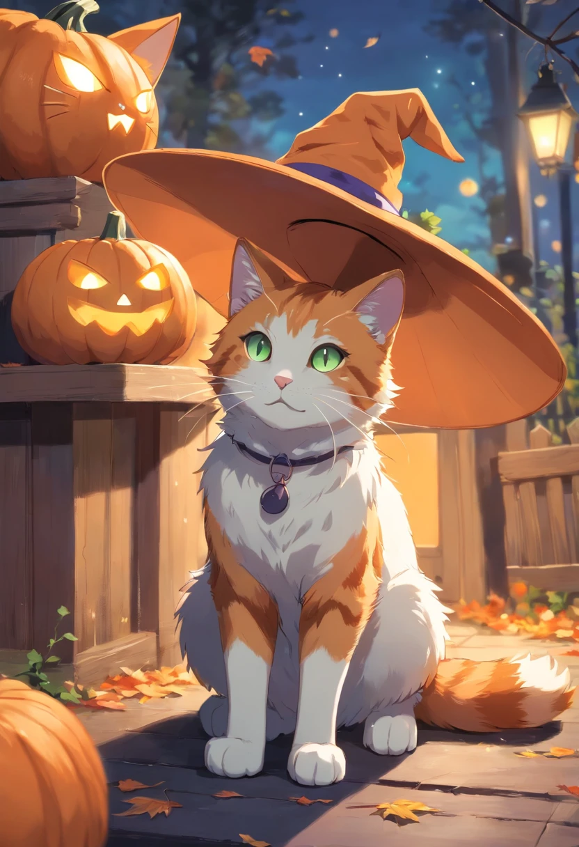 GingerCat in a witch's hat, long tail with stripes,, It is white, as if the front paws are wearing white socks, And pale green eyes, Highlight the intricate details of the cat's fluffy coat and tail stripes, mustaches, And expressive eyes. Place the camera at the cat's eye level, Create an intimate connection between the viewer and the cat subject. Implement a wide aperture for a shallow depth of field, pumpkins, Halloween, the bats