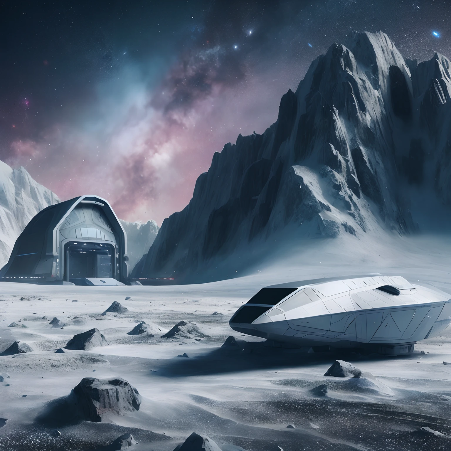 a futuristic spaceship is parked on the platform, surface of a snowy mountain, stefan koidl inspired, industrial futuristic ice mine, spaceship in a dry river bed, space opera and dystopian style, in the art style of filip hodas, inspired by Filip Hodas, 8 k matte painting, 8k matte painting, science fiction concept art, sci fi scenery