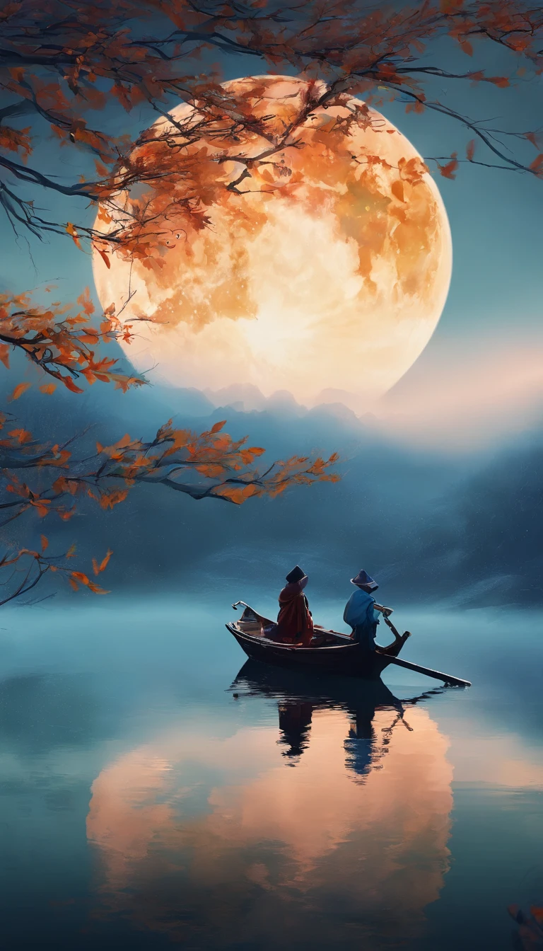 A thousand birds fly,Ten thousand paths disappeared。Lonely boats,Fishing alone in the cold river snow。 (【Translation】 You don't see a single bird in the mountains,The tracks of thousands of people were cut off。On the lonely boat is an old man in a cloak,Fishing alone against the wind and snow),(A small boat on the water),(An old man sits on a small boat fishing),Inspired by the creators:《Jiang Xue》Yanagi Zongyuan,Ray,(light and shadow effect),(vivd colour),(Color splattering),(Obvious layers),(Ink painting style:1.2),(Photography Award),(8k wallpaper),(Masterpiece),(best qualtiy),(There is a full moon in the night sky),(Moonlight spreads to the surface of the water),Autumn tones,There was a wind blowing,(Side lighting ),(cinema4d),(Movie lighting),(Depth of field effect),(Unreal 5),(tmasterpiece),(8K分辨率),photorealestic,realisticlying