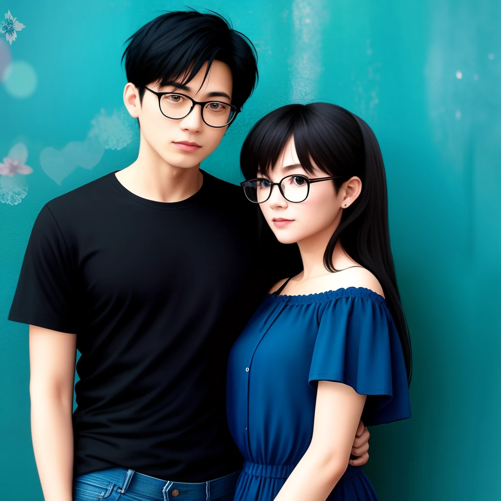 Disney style. Mother and son. The mother is a 45-year-old woman in a discreet blue dress, with glasses, black hair on her shoulders. The son has long hair, round glasses, is 185 cm, wears a black shirt and jeans. Coco movie.