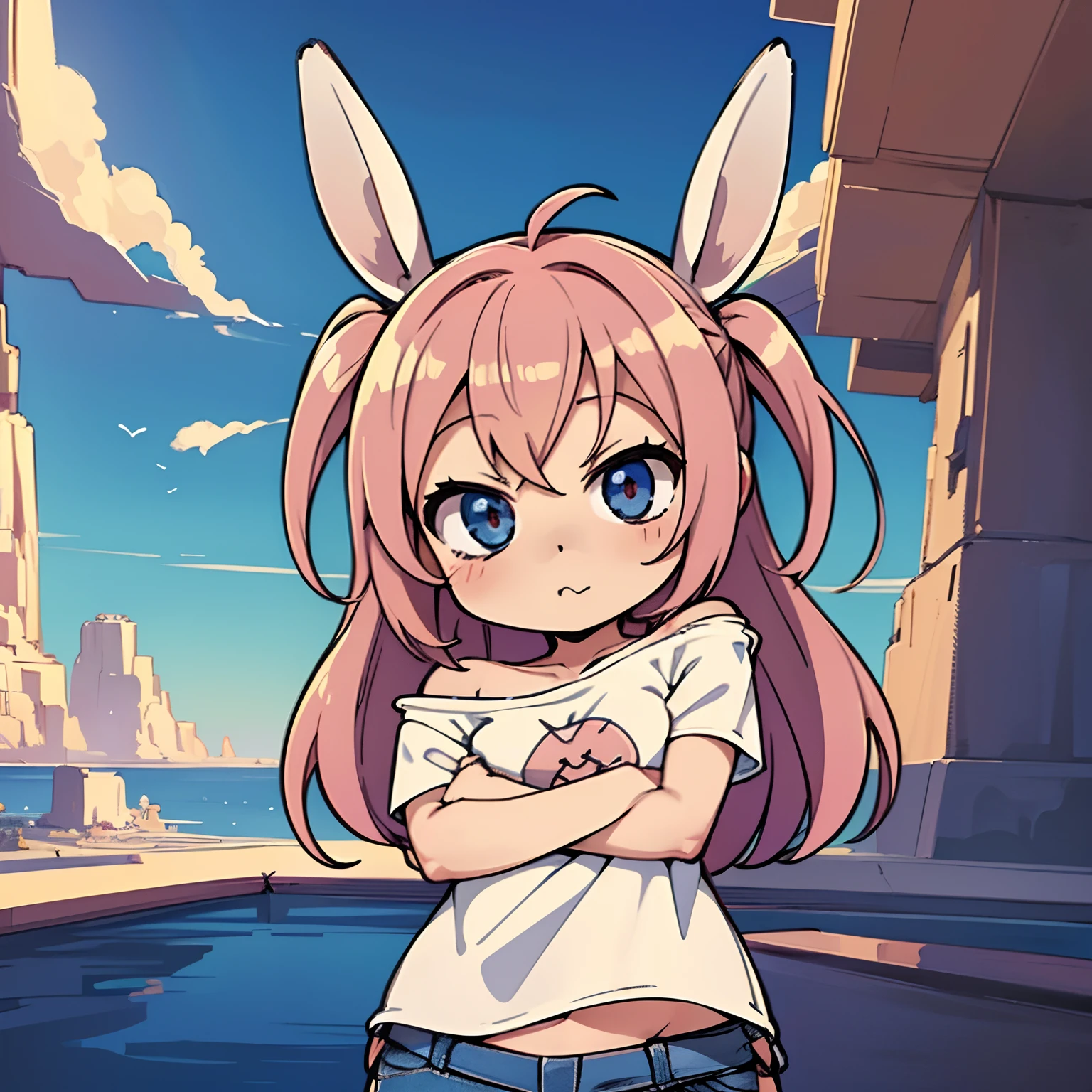 Rabbit ears wearing a one-shoulder T-shirt and jeans,(chibi:1.6),anime style,(beautiful illustration1.3),(extremely detailed CG unity 8k portrait:1.3),(highly quality),(Breathtaking Scenery:1.3),raytracing