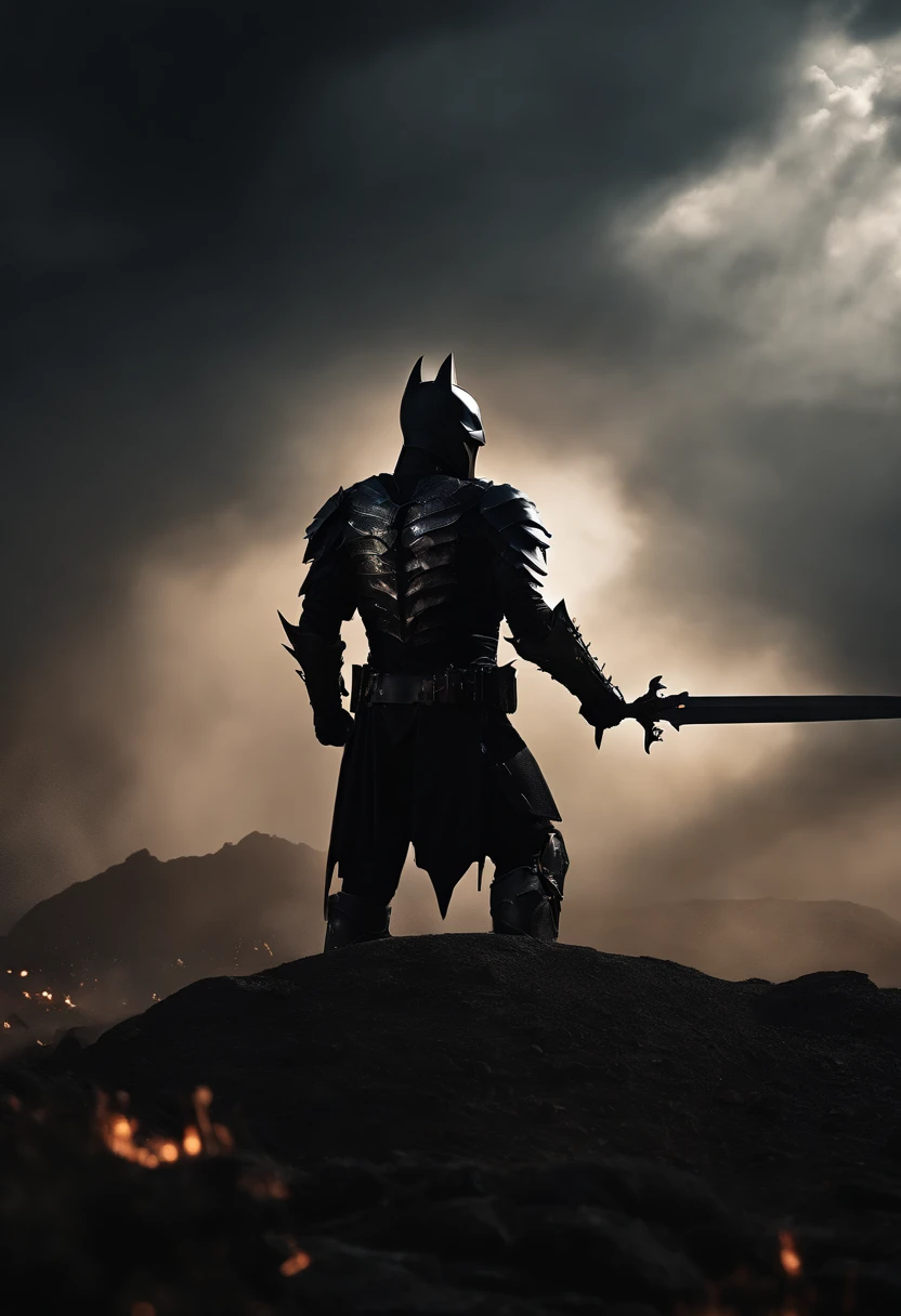 The Dark Knight, Strong males, Spiked armor wrap, Full coverage helmet, Large pauldrons, dark horror, Overlooking the battlefield, giant sword, Cinematic, Fine details, 8K, (dark shot:0.7), Subsurface scattering, (Ambient lighting:1.3), (art  stations:1.3)