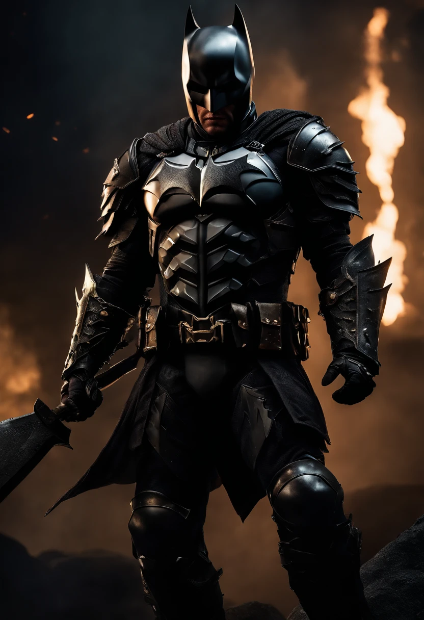 The Dark Knight, Strong males, Spiked armor wrap, Full coverage helmet, Large pauldrons, dark horror, Overlooking the battlefield, giant sword, Cinematic, Fine details, 8K, (dark shot:0.7), Subsurface scattering, (Ambient lighting:1.3), (art  stations:1.3)