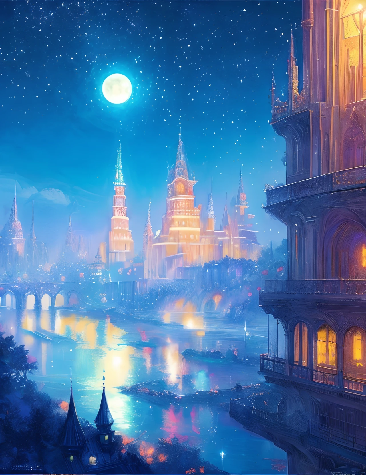 the met、Painting of a river with stars and moon in the sky、the met、Shining skyscrapers、Shine across the board、Skyscrapers、Concept art inspired by Mitsuoki Tosa、pixiv contest winners、top-quality、Fantasyart、beautiful anime scene、Bright moon、Moonlit star environment、Dream painting、Anime Background Art、Fantasy landscape art、fantasy knight、anime backgrounds、background artwork、Fantastic art、atmospheric anime、starrysky、Detail has been enhanced。