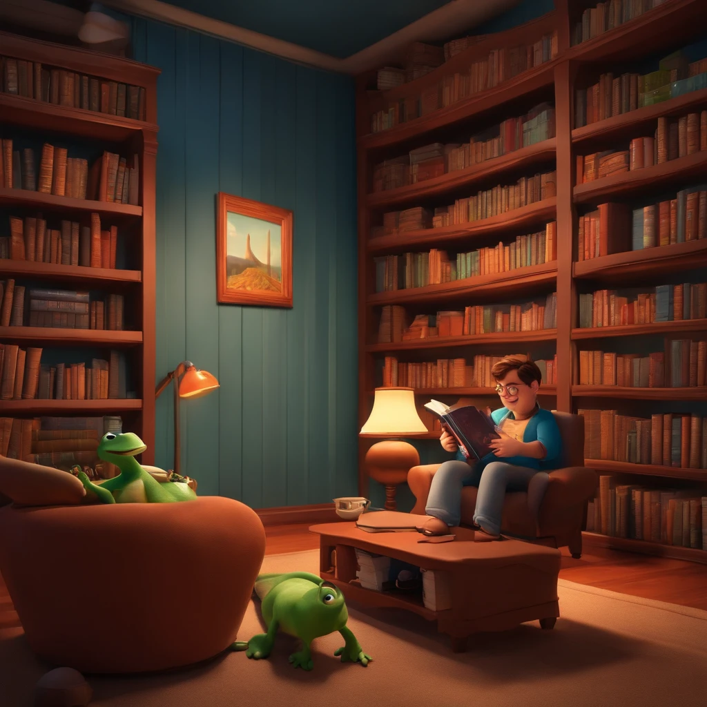 fundo branco, pixar desenhos animados 3D, homem lendo um livro, ::estilo pixar cartoon