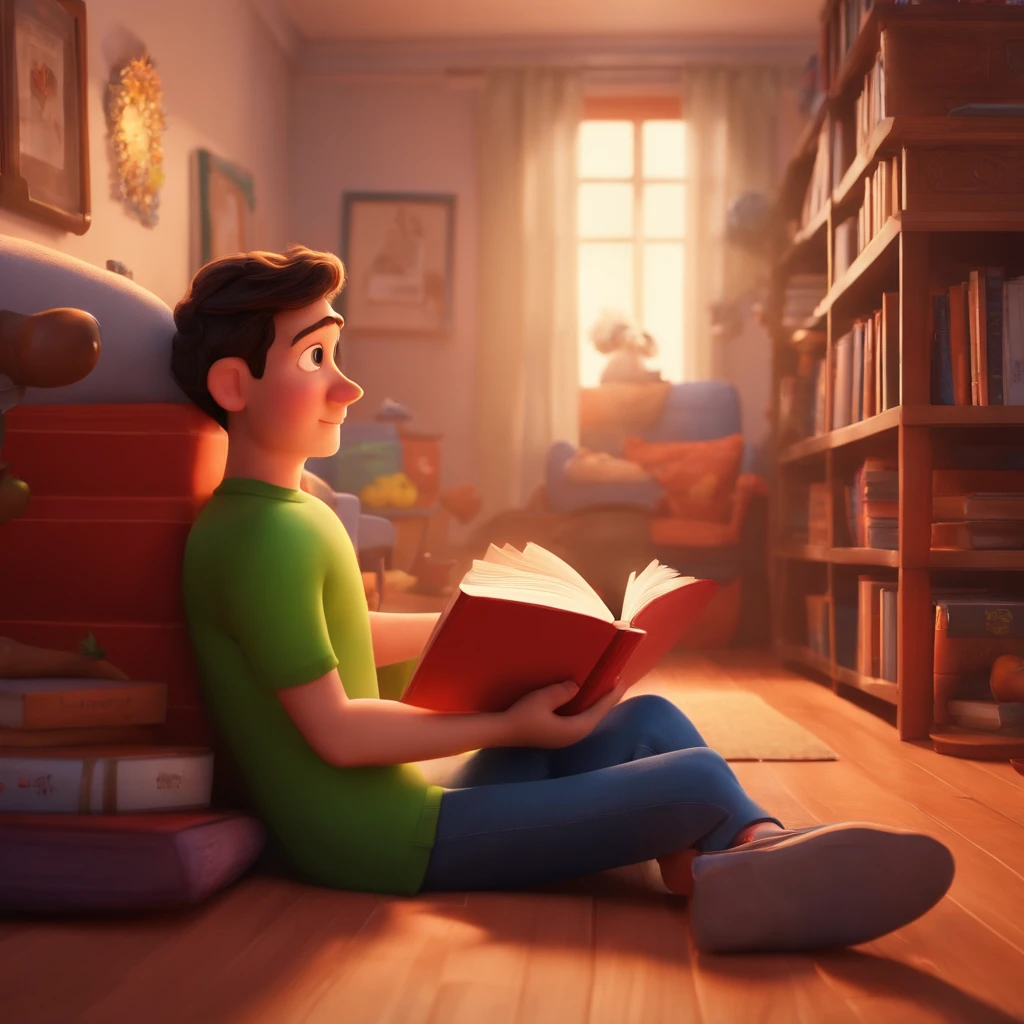 fundo branco, pixar desenhos animados 3D, homem lendo um livro, ::estilo pixar cartoon