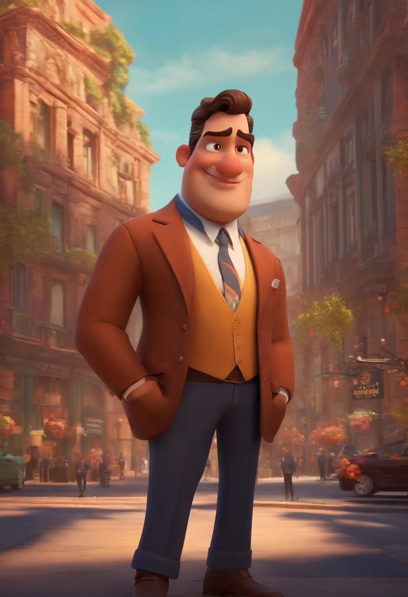 A city councilman looking at a dream project inspired by Pixar animation, de perto. The character takes center stage with captivating facial expressions, oferecendo um toque de irrealidade