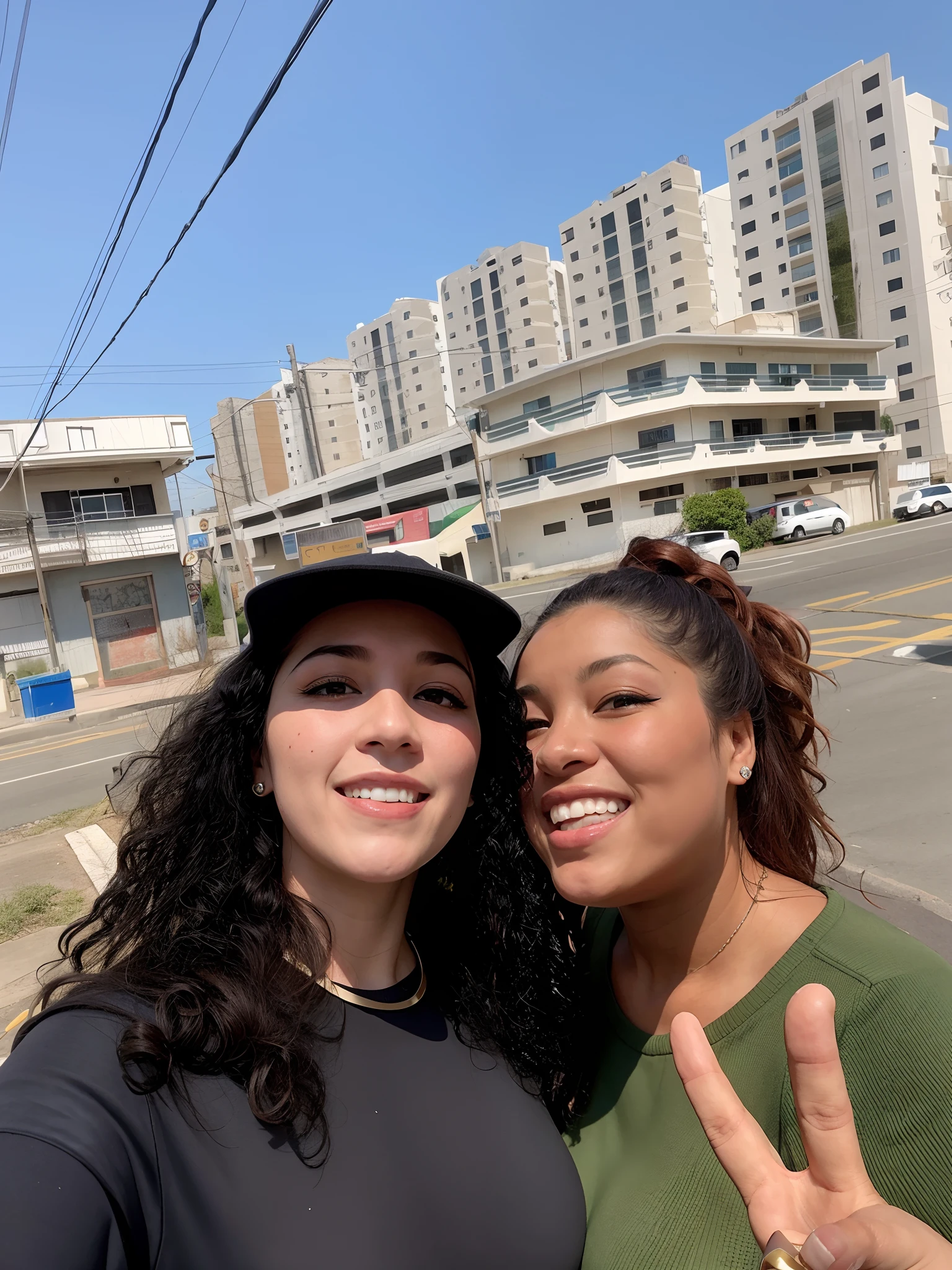 There are two women together in front of a building,