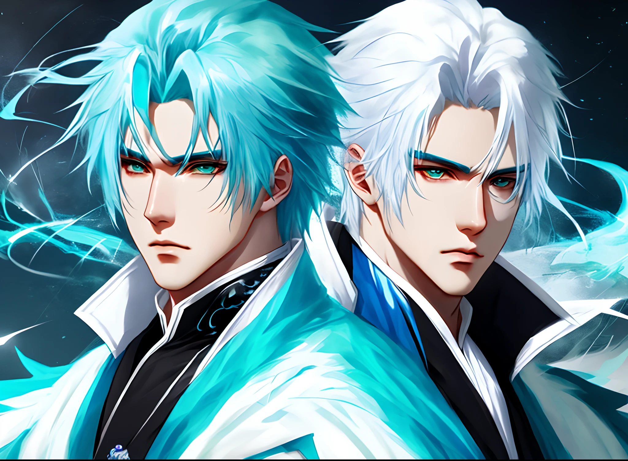 A character who is male and has white hair and a cyan-colored, anime-style coat