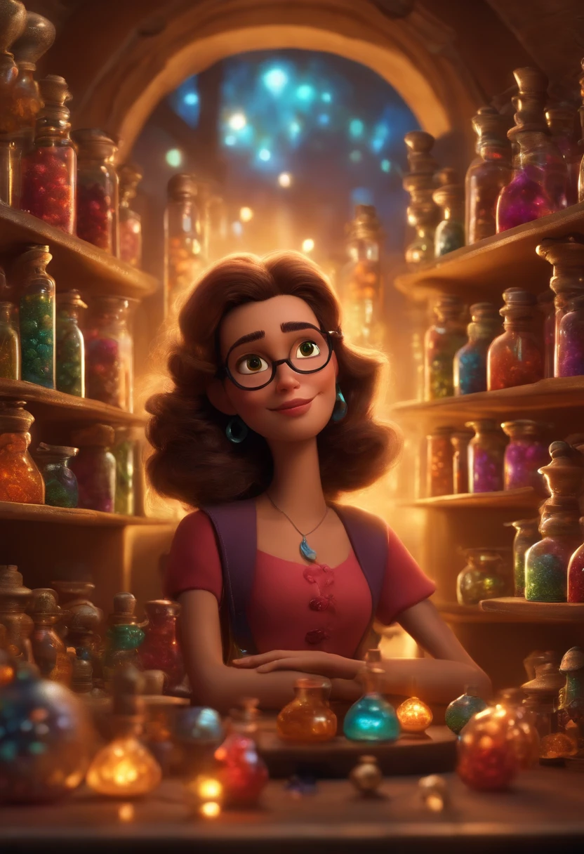 A collector of ideas inspired by Pixar animation, de perto. She is surrounded by a collection of magic vials, each containing a unique idea. The focus is on the character, with a captivating facial expression, Against a backdrop of shimmering, cores efervescentes.
