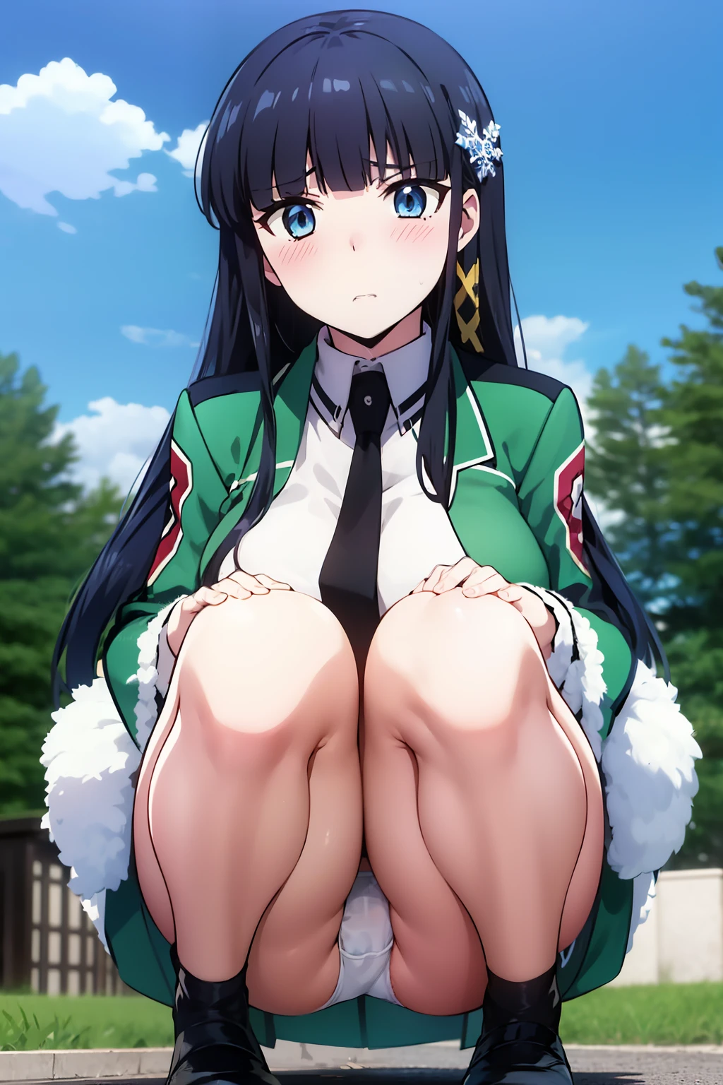 Miyuki, 1girl in, Solo, long_hair, Naughty big、large full breasts、Bangs, Blue_Eyes, Black_hair, hair_ornament detached, long_sleeves, School_uniform, hair_bow ribbon, blunt_Bangs, white_Dress, own_Hands_Together, Black_neck tie, で_missiles, Yuki, Snowflake_hair_ornament detached、Look at viewers、embarrassed, Blushing, wobbly mouth, (angry),,(white panties:1.3)、(Fully exposed panties:1.5)、(Squatting:1.3)、plein air、outside of house、