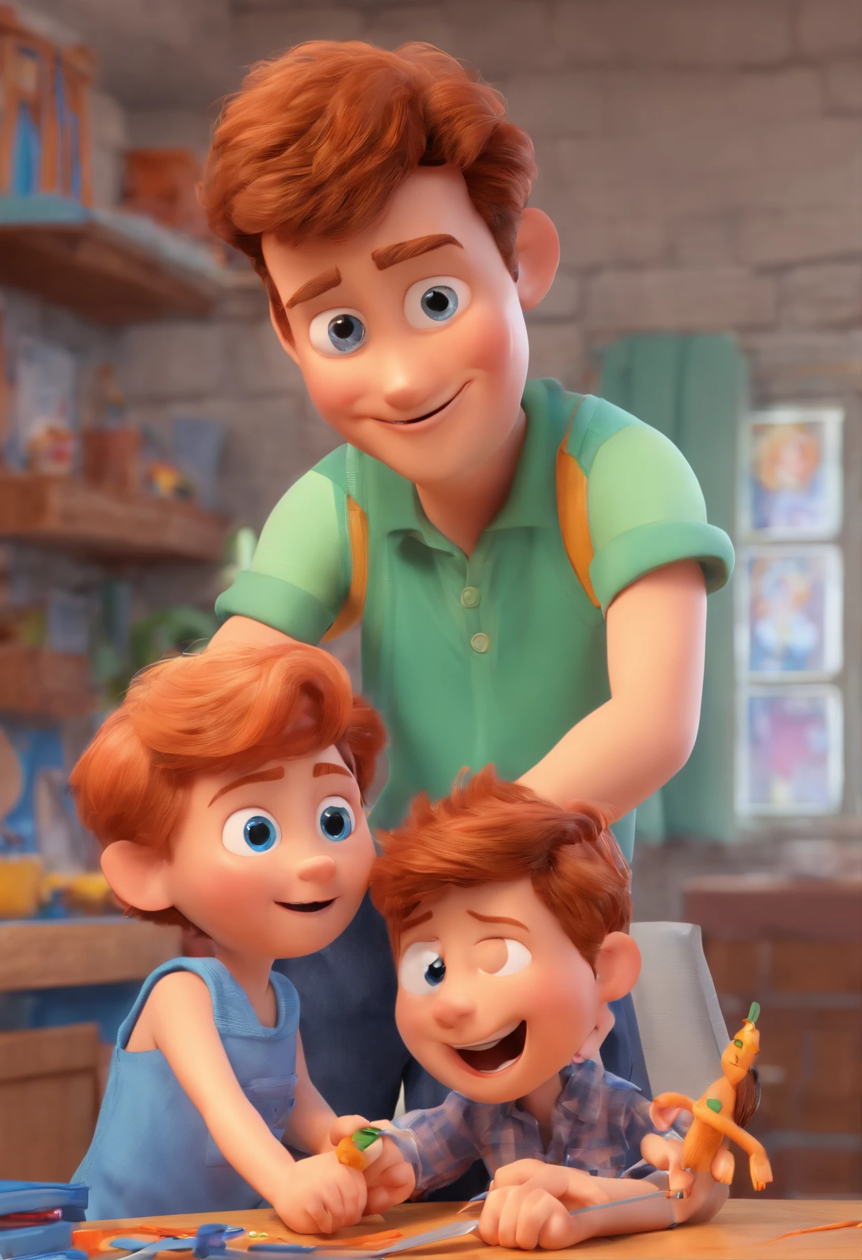 Estilo Pixar: The grown man is holding a naked blue-eyed boy and in his other hand he is holding a pair of scissors and is trying to cut off the boy's testicles,3D Poster,Disney