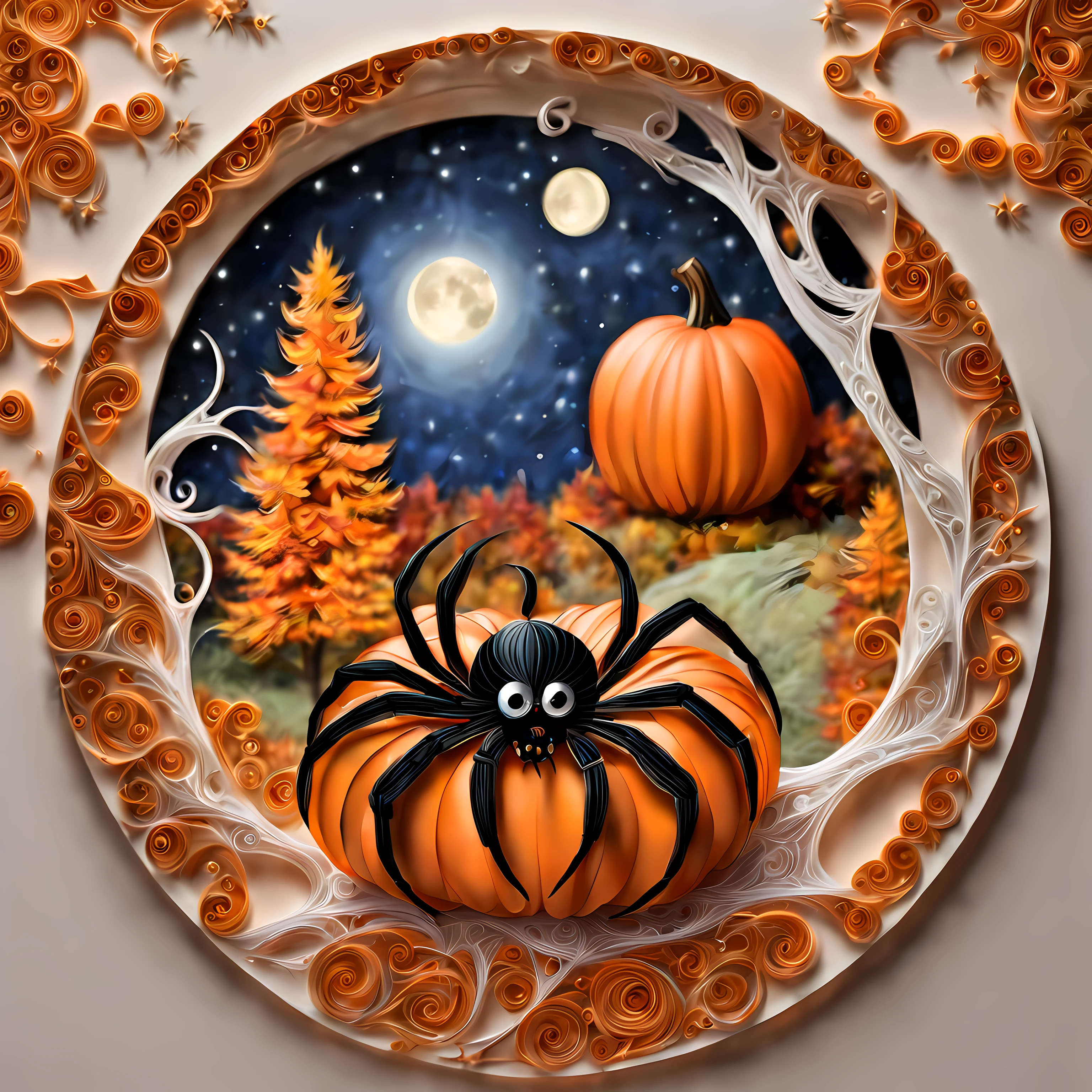 yanzhi,paper quilling, ((view through the round gothic window)) ((rich pumpkin ornate)), (solo:1.3) ((((giant cute spider on the web)))), ((mystical trees)), breathtaking ((starry)) moonlit night, Halloween vibe