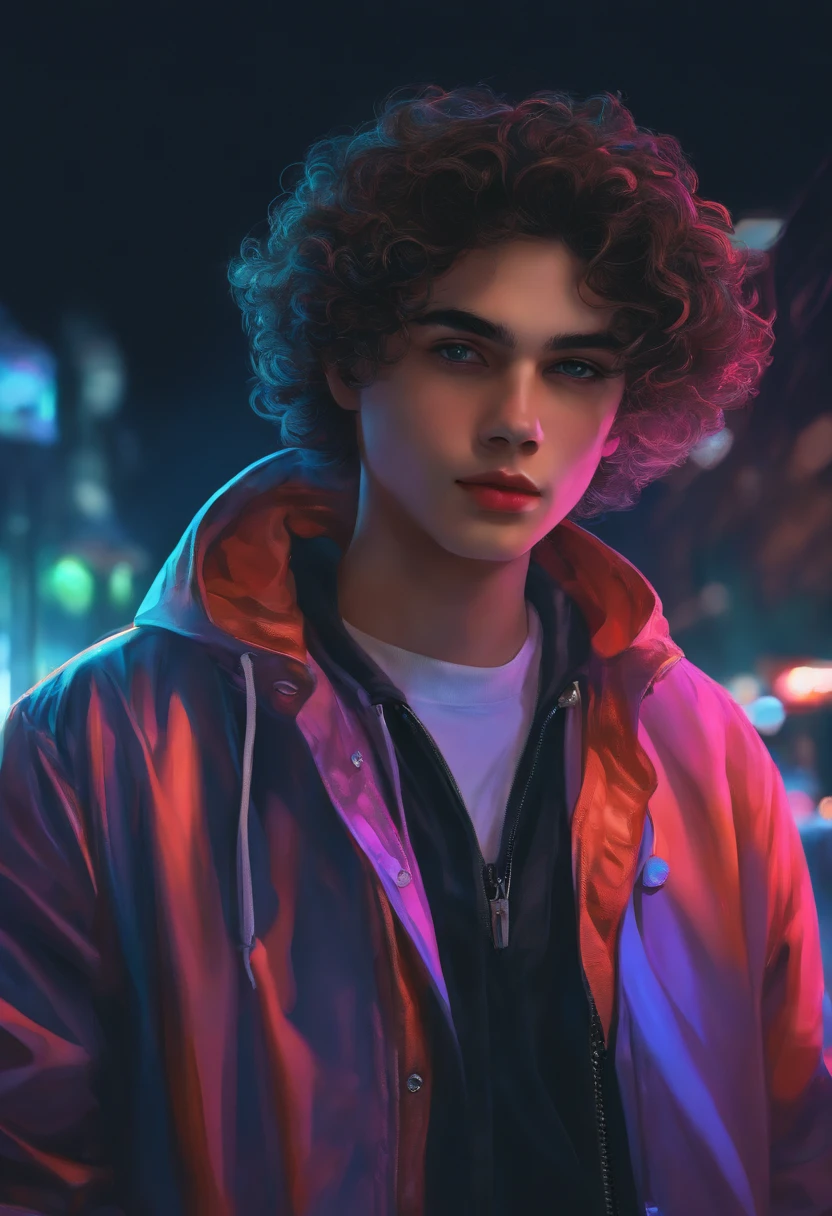 , adolescente, morena, curly hair, jaqueta branca com detalhes em neon, Cartoon, anime