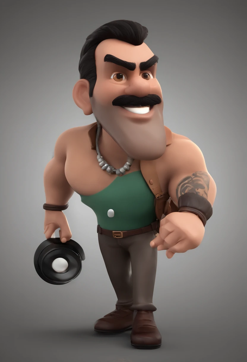 Personagem de desenho animado de um homem uma camisa polo preta, cabelo ondulado, With beard and old school tattoo on his arm, animation character, oficina de adesivos ao fundo Caractere estilizado, animation style rendering, 3D estilizado, Arnold Maya render, 3 d render stylized, toon render keyshot, Personagem 3D, Personagem 3D, 3d rendering stylized, 3 d character render, personagem de desenho animado, Personagem de close up, Pose de personagem, (Estilo Pixar) (master part:1.2) (Bokeh) (best quality) (pele detalhada) (textura detalhada) (8k) (argila) (Cinematic lighting) (foco nítido