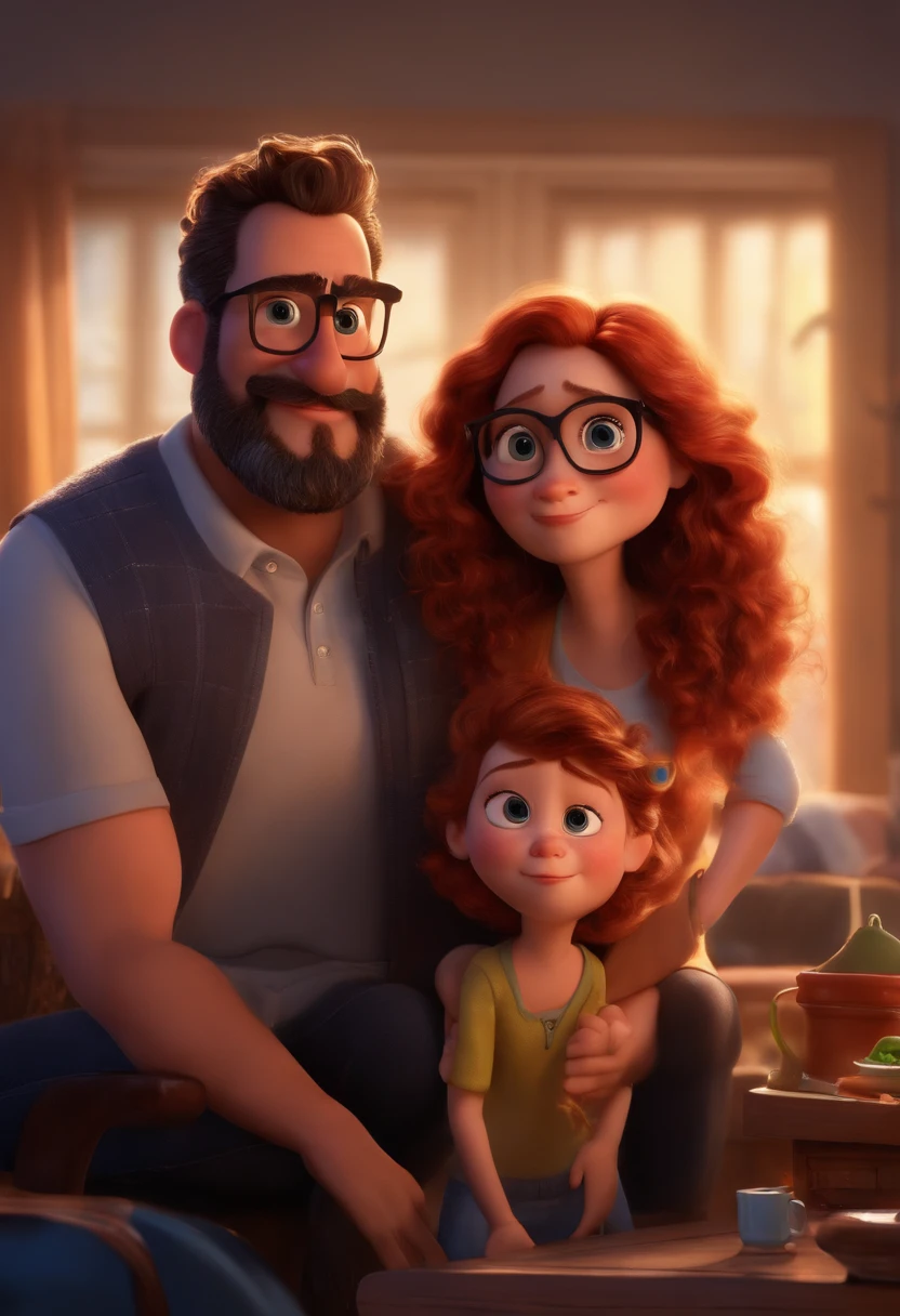 Um filme inspirado na Disney Pixar (MENINA NEGRA JOVEM COM CABELO LONGO CACHEADO PRETO) dentro A cena estar na arte distinta do estilo PIXAR, Cool and styles 42 year old man with beard wearing sports glasses and 2 year old redhead daughter with dirty face from crying tears, Disney Pixar poster style in high resolution