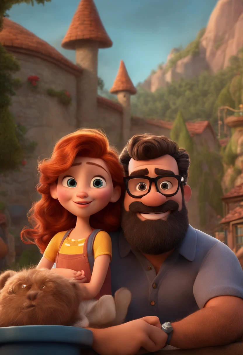 Um filme inspirado na Disney Pixar (MENINA NEGRA JOVEM COM CABELO LONGO CACHEADO PRETO) dentro A cena estar na arte distinta do estilo PIXAR, Cool and styles 42 year old man with beard wearing sports glasses and 2 year old redhead daughter with dirty face from crying tears, Disney Pixar poster style in high resolution