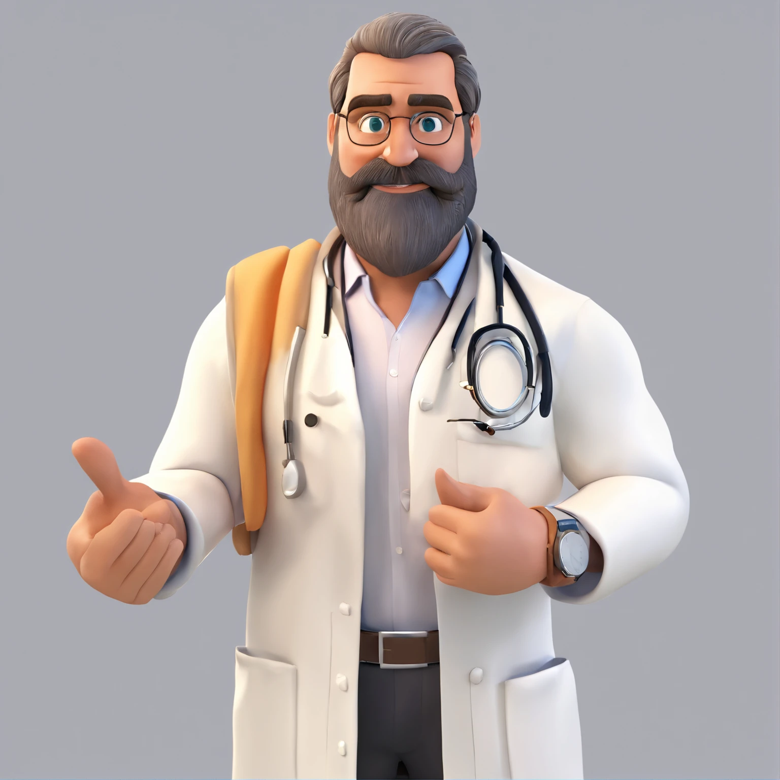 Make a Pixar Style Realistic Poster of 3D Animation. O personagem tem barba, cabelos curtos penteados para o lado esquerdo, wearing a white doctor's coat, Gold watch on the right wrist, Has an Arabian face, 8k