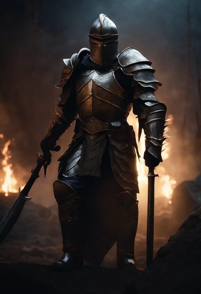 Heavily armored knight, Strong males, Spiked armor wrap, Full coverage helmet, Large pauldrons, dark horror, Overlooking the battlefield, giant sword, Cinematic, Fine details, 8K, (dark shot:0.7), Subsurface scattering, (Ambient lighting:1.3), (art stations:1.3)
