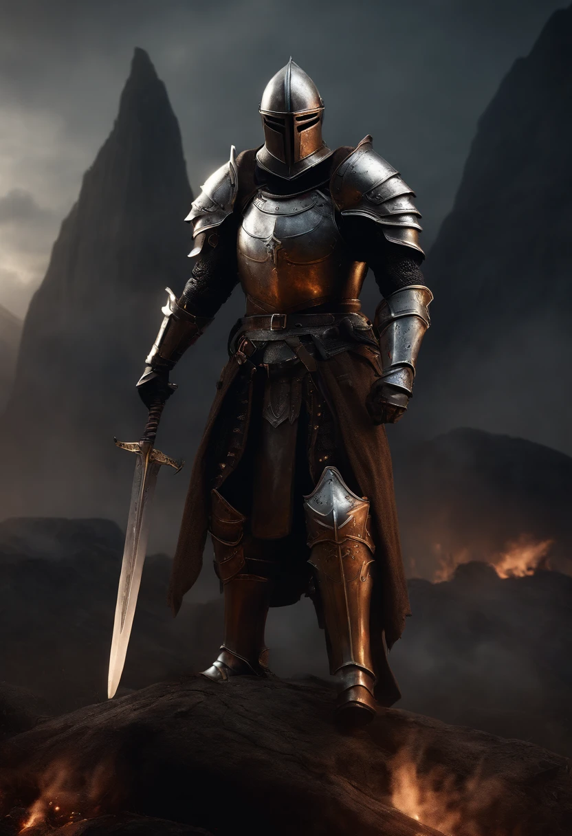 Heavily armored knight, Strong males, Spiked armor wrap, Full coverage helmet, Large pauldrons, dark horror, Overlooking the battlefield, giant sword, Cinematic, Fine details, 8K, (dark shot:0.7), Subsurface scattering, (Ambient lighting:1.3), (art  stations:1.3)