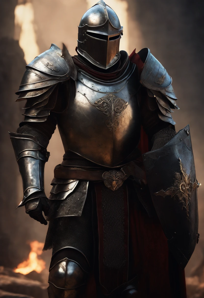 Heavily armored knight, Strong males, Spiked armor wrap, Full coverage helmet, Large pauldrons, dark horror, Overlooking the battlefield, giant sword, Cinematic, Fine details, 8K, (dark shot:0.7), Subsurface scattering, (Ambient lighting:1.3), (art  stations:1.3)