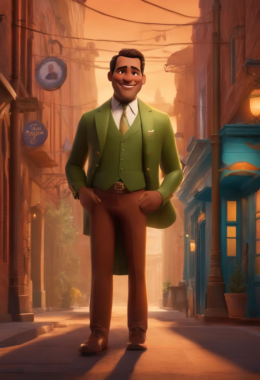 A city councilman looking at a dream project inspired by Pixar animation, de perto. The character takes center stage with captivating facial expressions, oferecendo um toque de irrealidade