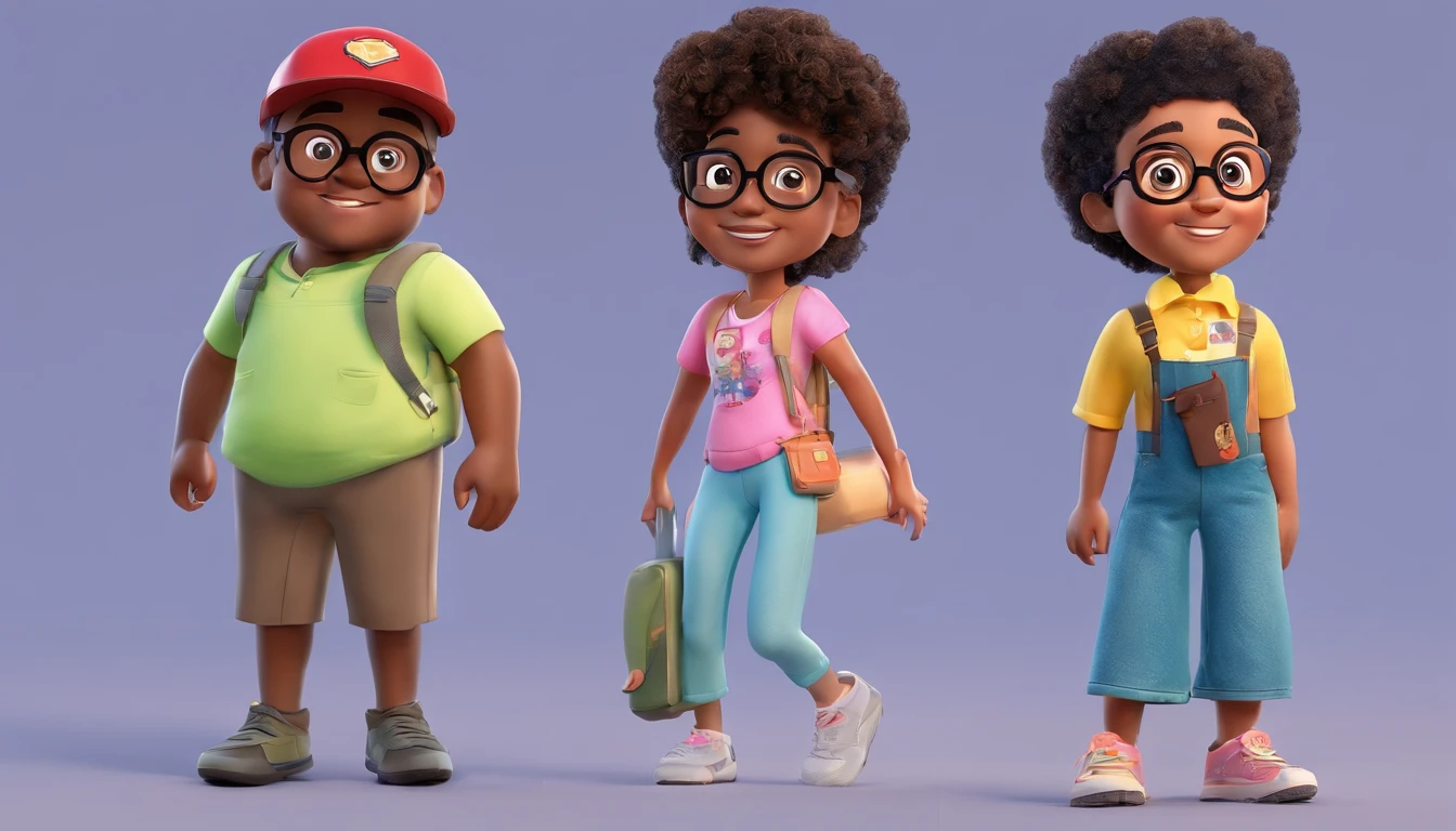 Estilo Pixar: Adult Black Man With Glasses Short Hair Beard , A black curly haired child with black eyes , A white woman plus size curly hair with glasses ,3D Poster,Disney