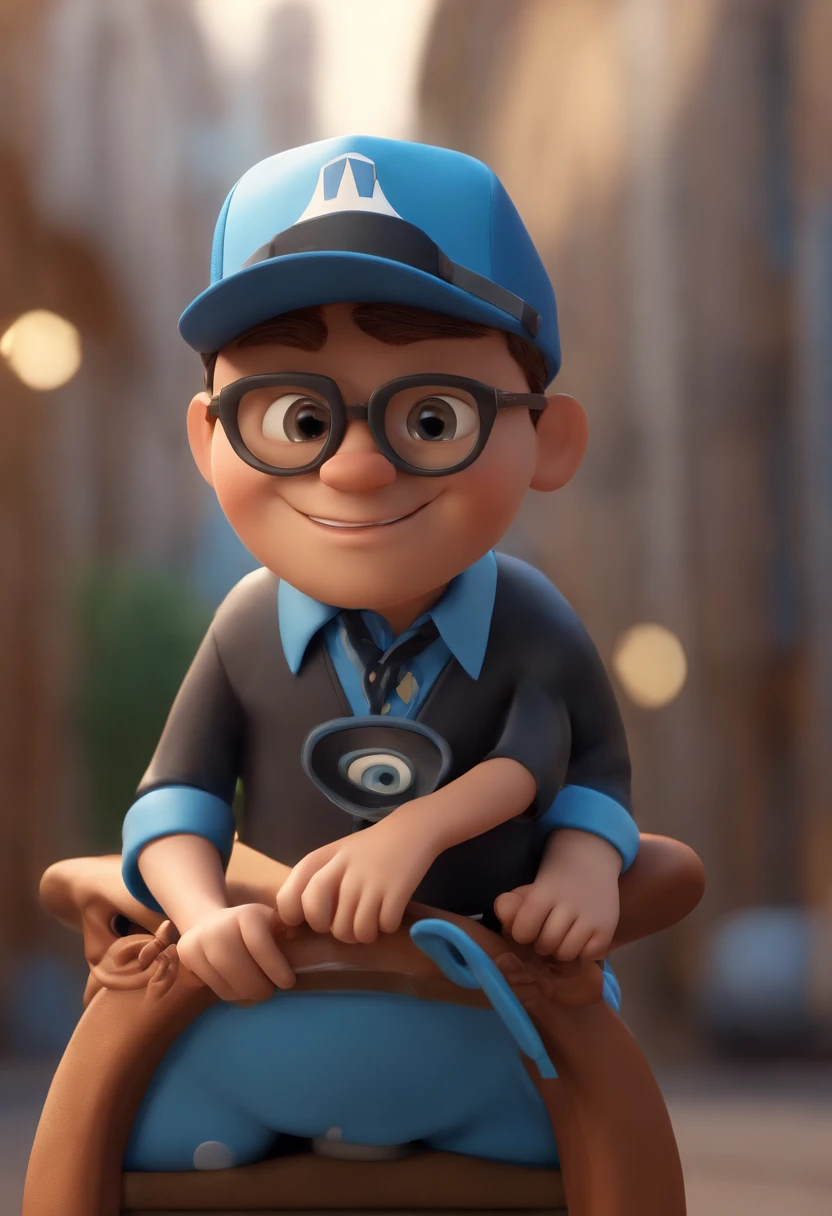 Cartoon character of a man wearing black glasses and a blue shirt, um personagem animado, cabelo grisalho, Caractere estilizado, animation style rendering, 3D estilizado, Arnold Maya render, 3 d render stylized, toon render keyshot, Personagem 3D, Personagem 3D, 3d rendering stylized, 3 d character render, personagem de desenho animado, Personagem de close up, Pose de personagem, (Estilo Pixar) (master part:1.2) (Bokeh) (best quality) (pele detalhada) (textura detalhada) (8k) (argila) (Cinematic lighting) (foco nítido，Senta e vaza a parte superior do corpo. Fund for the city of Santos in Sao Paulo.