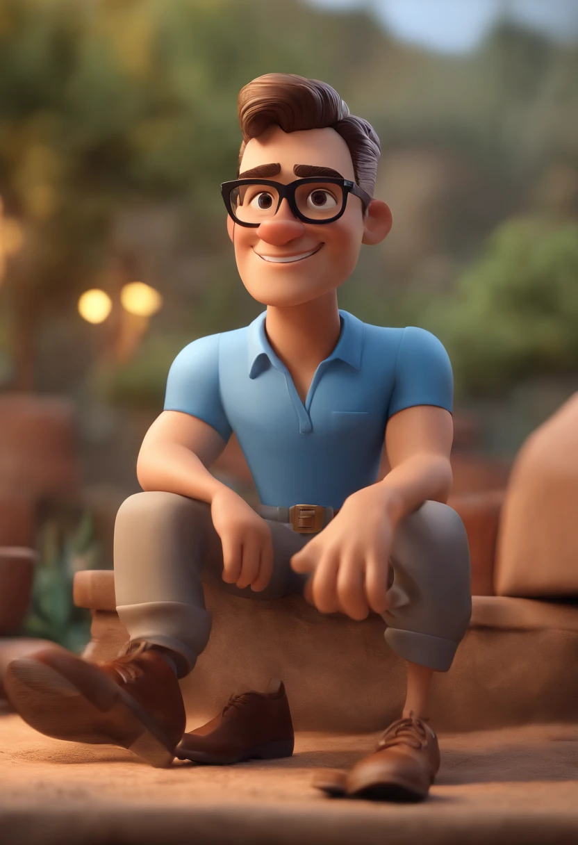 Cartoon character of a man wearing black glasses and a blue shirt, um personagem animado, cabelo grisalho, Caractere estilizado, animation style rendering, 3D estilizado, Arnold Maya render, 3 d render stylized, toon render keyshot, Personagem 3D, Personagem 3D, 3d rendering stylized, 3 d character render, personagem de desenho animado, Personagem de close up, Pose de personagem, (Estilo Pixar) (master part:1.2) (Bokeh) (best quality) (pele detalhada) (textura detalhada) (8k) (argila) (Cinematic lighting) (foco nítido,Senta e vaza a parte superior do corpo. Fund for the city of Santos in Sao Paulo.
