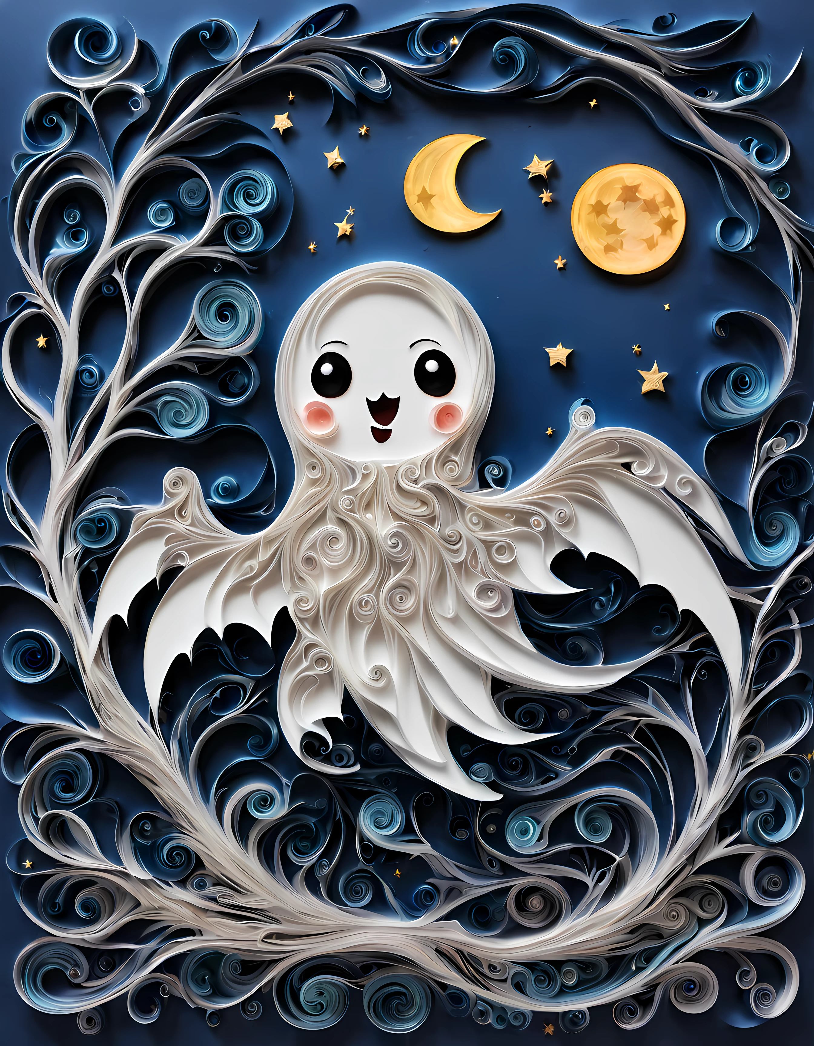 yanzhi,paper quilling, ((view through the crooked branches)), (solo:1.3) (((cute giant ghost))), ((mystical blue flows)), (bats), breathtaking ((starry)) moonlit night