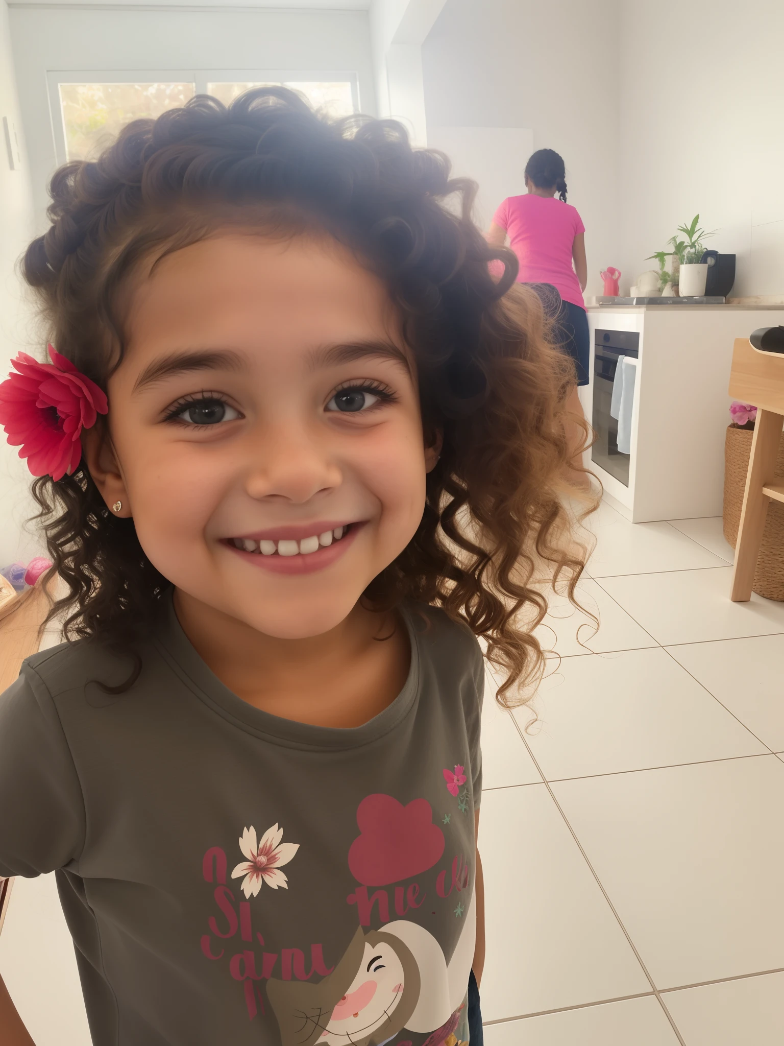 There's a young woman with curly hair smiling in a kitchen, Menina africana de pele clara, 5anos, bonito e sorridente, she is smiling and excited, she is smiling and happy, grande sorriso em seu rosto, happily smiling at the camera, cabelos castanhos cacheados e com uma flor ao lado em cima de sua orelha, She is grinning, Elena  4 anos de idade, quatro anos, bochechas rosadas