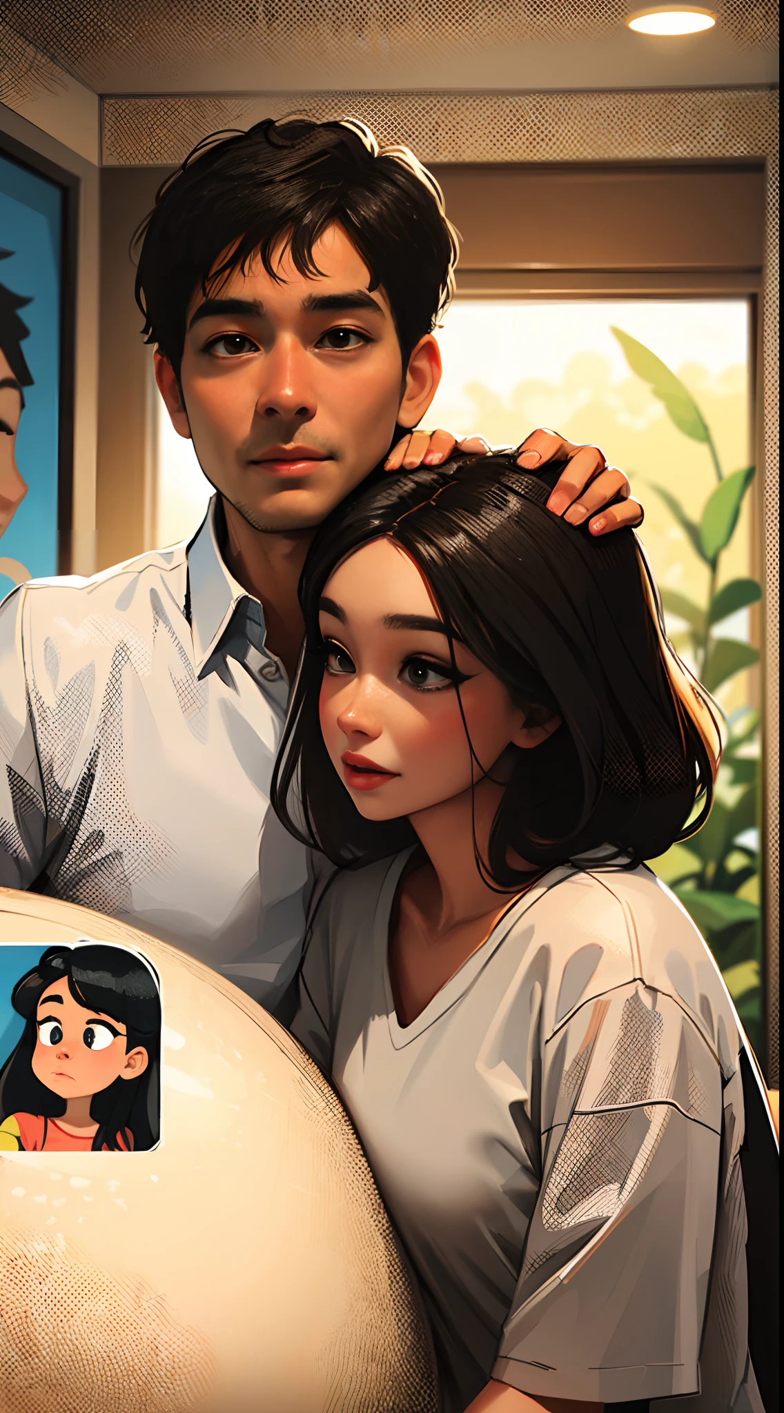 Disney Pixar Estilo Casal Melhor Qualidade de Alta Qualidade .Homem branco com cabelo preto e barba fechada. Brunette woman jambo color black hair like indian .