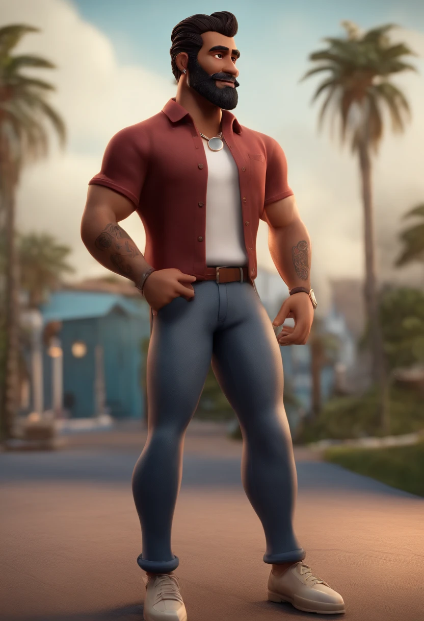 Personagem de desenho animado de um homem uma camisa polo preta, cabelo ondulado, With beard and old school tattoo on his arm, animation character, oficina de adesivos ao fundo Caractere estilizado, animation style rendering, 3D estilizado, Arnold Maya render, 3 d render stylized, toon render keyshot, Personagem 3D, Personagem 3D, 3d rendering stylized, 3 d character render, personagem de desenho animado, Personagem de close up, Pose de personagem, (Estilo Pixar) (master part:1.2) (Bokeh) (best quality) (pele detalhada) (textura detalhada) (8k) (argila) (Cinematic lighting) (foco nítido
