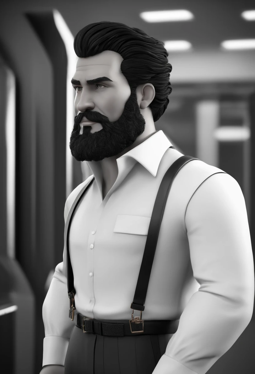 Personagem de desenho animado de um homem uma camisa polo preta, cabelo ondulado, With beard and old school tattoo on his arm, animation character, oficina de adesivos ao fundo Caractere estilizado, animation style rendering, 3D estilizado, Arnold Maya render, 3 d render stylized, toon render keyshot, Personagem 3D, Personagem 3D, 3d rendering stylized, 3 d character render, personagem de desenho animado, Personagem de close up, Pose de personagem,  (Estilo Pixar) (master part:1.2) (Bokeh) (best quality) (pele detalhada) (textura detalhada) (8k) (argila) (Cinematic lighting) (foco nítido