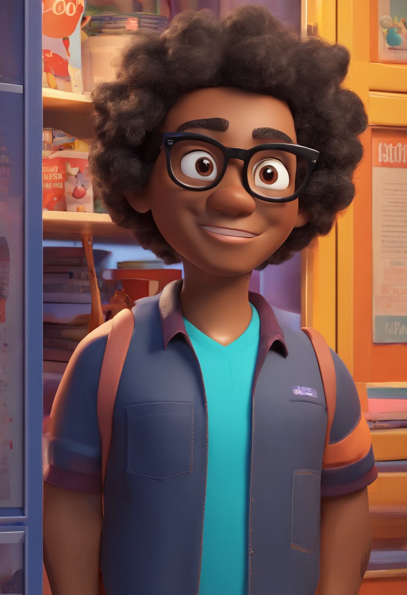 Estilo Pixar: Adult black man with glasses, A curly-haired child with black eyes , A white woman plus size curly hair with glasses ,3D Poster,Disney